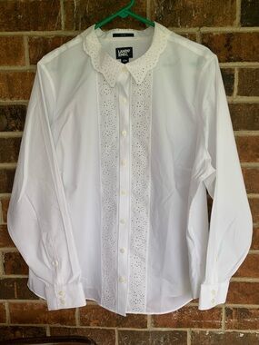 Lands' End White Eyelet-Trim Button Front Shirt